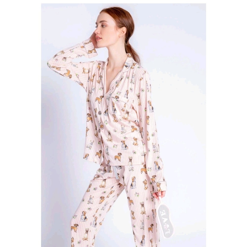 PJ Salvage Pajama Set XL Pink Dog Woof For Love Print Striped Shirt Pants NWT